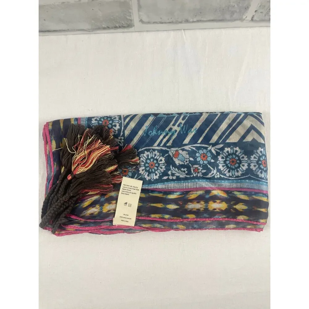 Johnny Was Silk Scarf Large Square Patchwork Boho Tassel Wrap Pink Blue